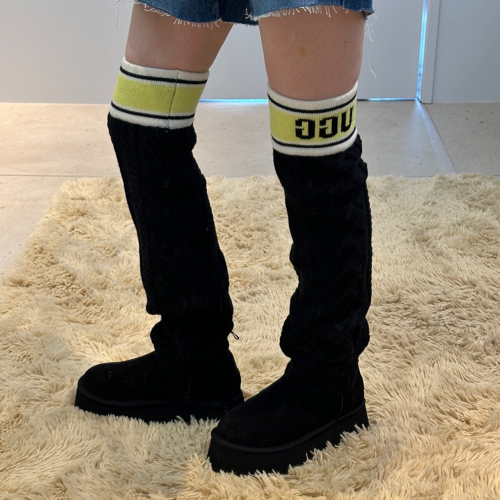 🔥 UGG Classic Sweater Letter Tall Black Platform Boots NIB